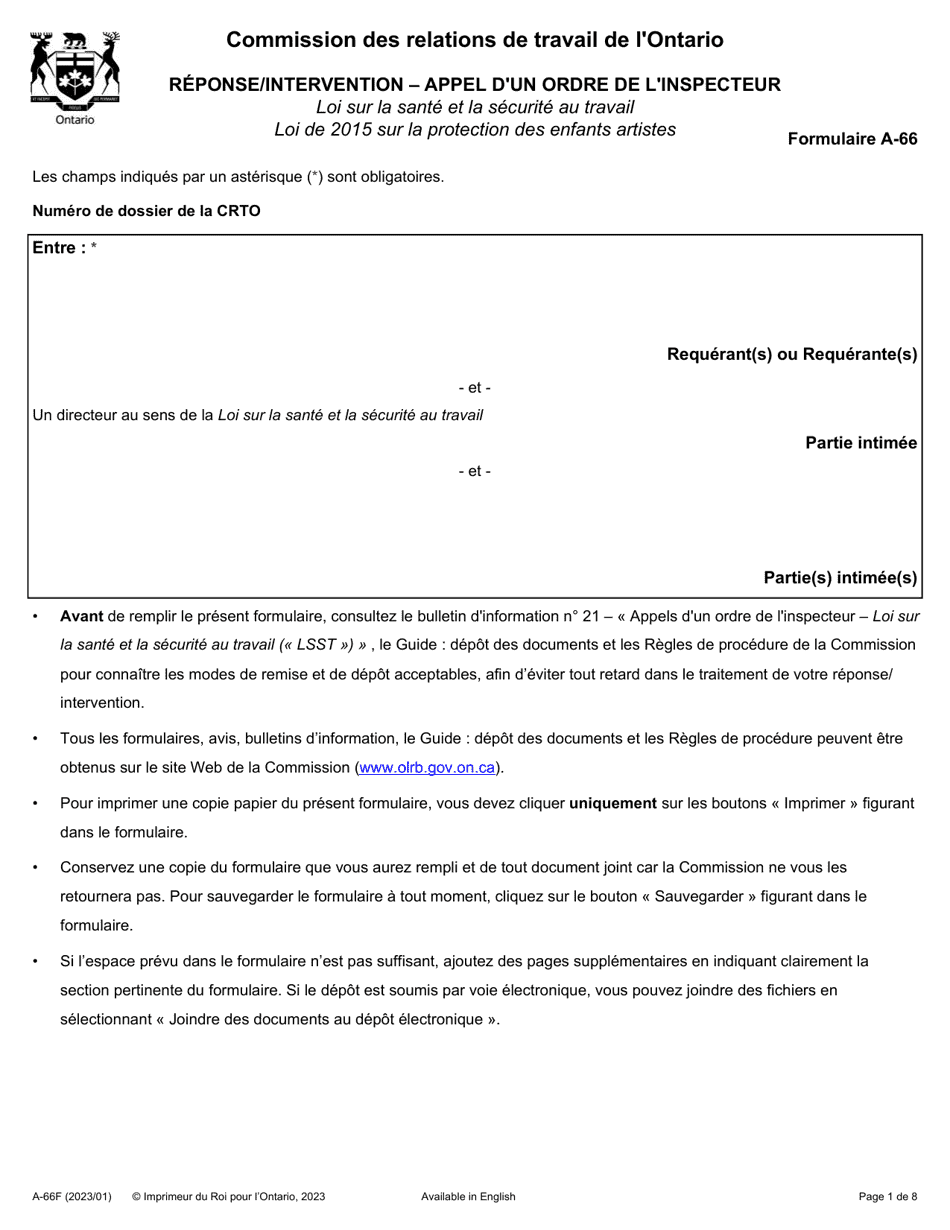 Forme A-66 Reponse / Intervention - Appel Dun Ordre De Linspecteur - Ontario, Canada (French), Page 1