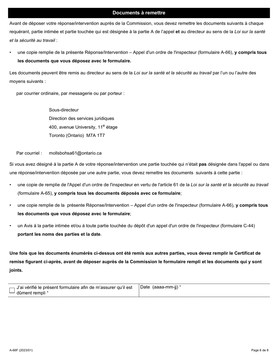 Forme A-66 Reponse / Intervention - Appel Dun Ordre De Linspecteur - Ontario, Canada (French), Page 6