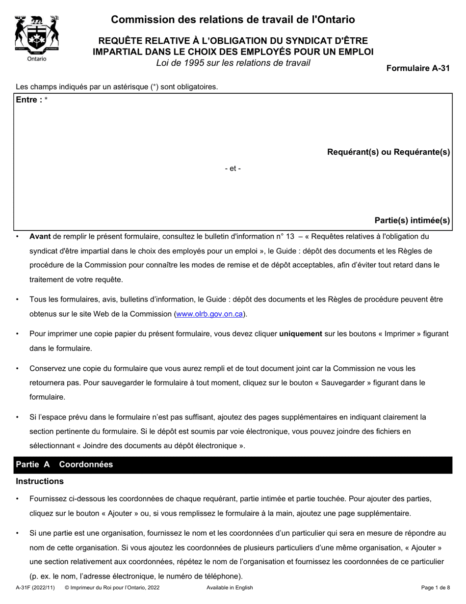 Forme A-31 Requete Relative a Lobligation Du Syndicat Detre Impartial Dans Le Choix DES Employes Pour Un Emploi - Ontario, Canada (French), Page 1