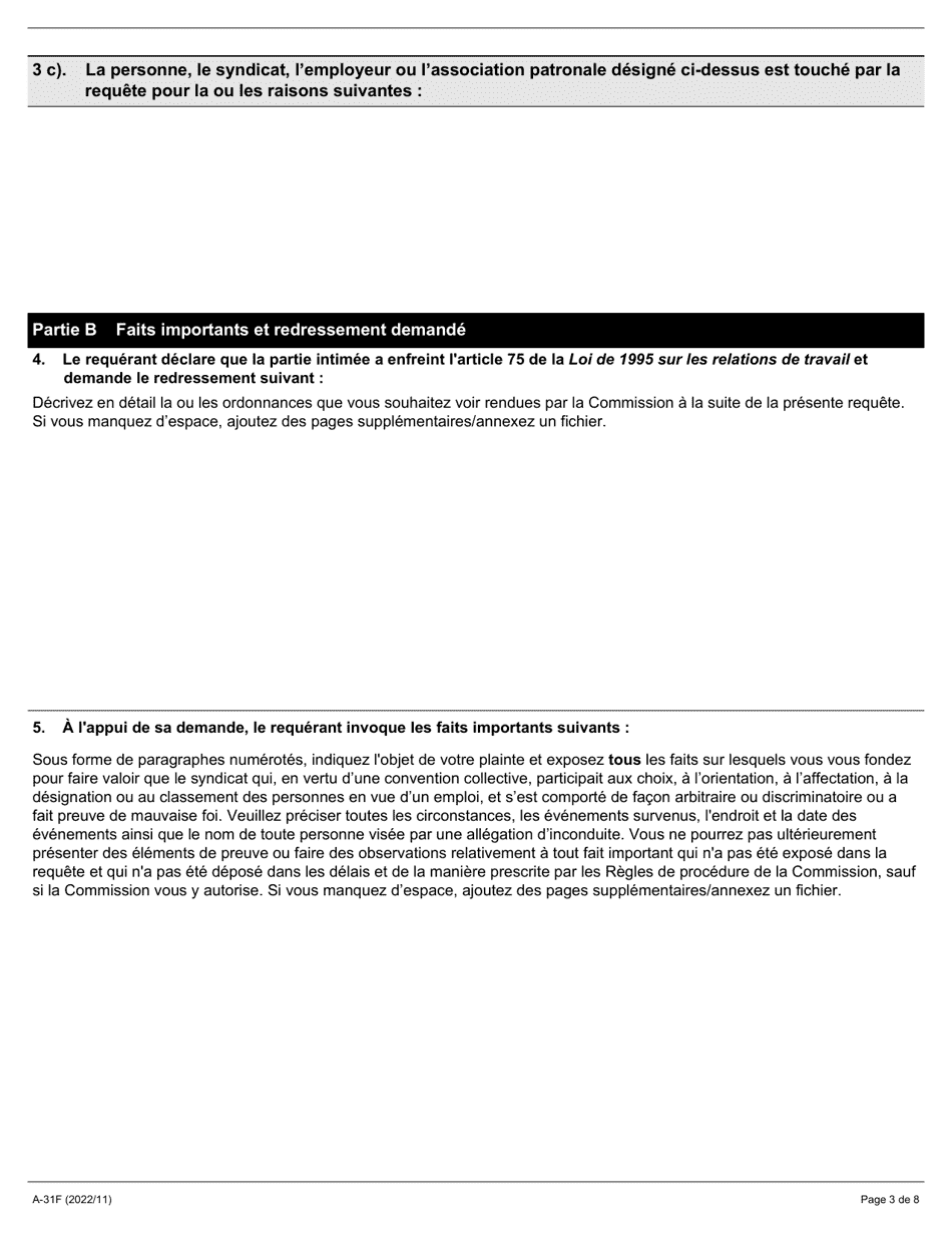 Forme A-31 Requete Relative a Lobligation Du Syndicat Detre Impartial Dans Le Choix DES Employes Pour Un Emploi - Ontario, Canada (French), Page 3