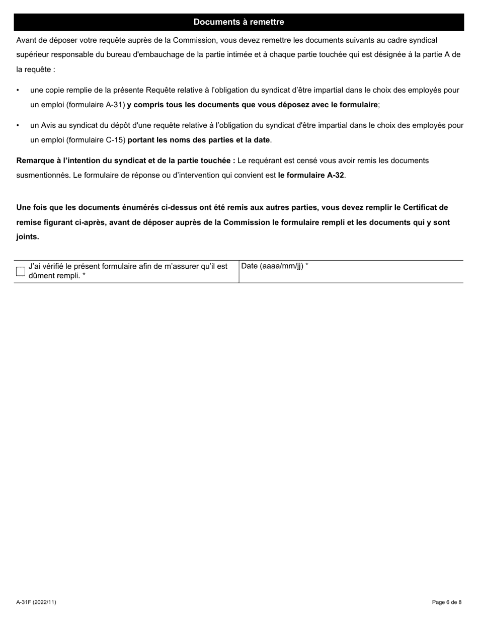 Forme A-31 Requete Relative a Lobligation Du Syndicat Detre Impartial Dans Le Choix DES Employes Pour Un Emploi - Ontario, Canada (French), Page 6