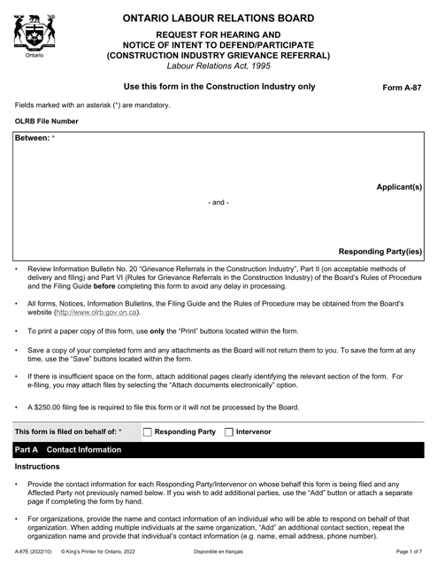 Form A-87 Request for Hearing and Notice of Intent to Defend/Participate (Construction Industry Grievance Referral) - Ontario, Canada