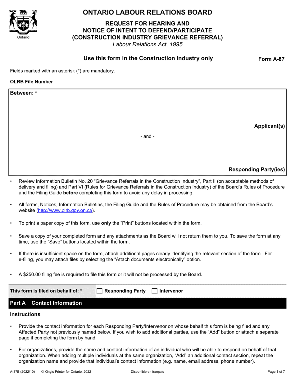 Form A-87 Request for Hearing and Notice of Intent to Defend / Participate (Construction Industry Grievance Referral) - Ontario, Canada, Page 1