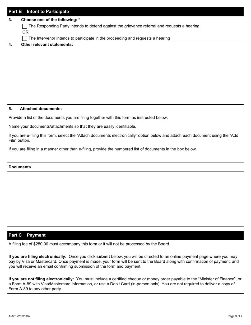 Form A-87 Request for Hearing and Notice of Intent to Defend / Participate (Construction Industry Grievance Referral) - Ontario, Canada, Page 3