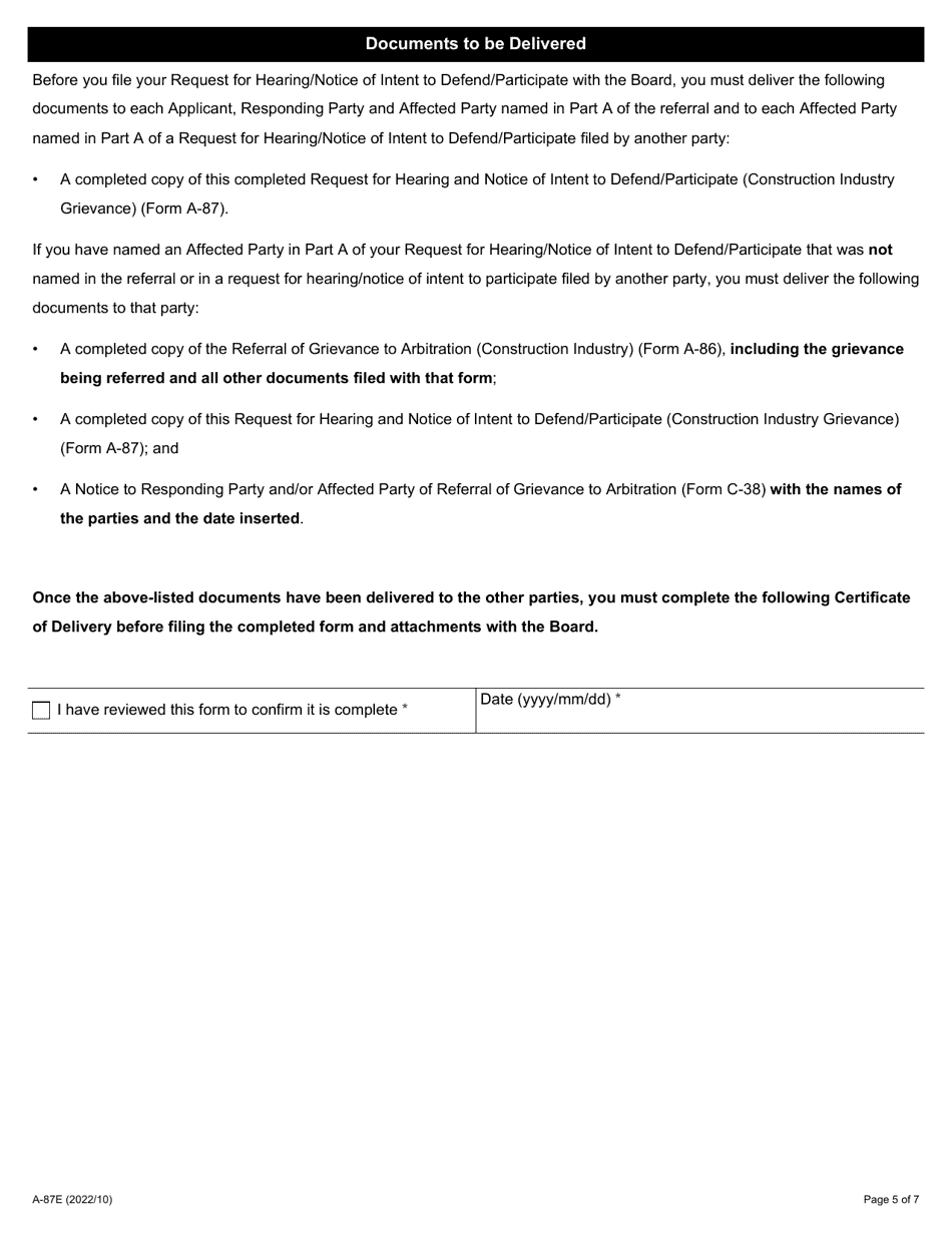 Form A-87 Request for Hearing and Notice of Intent to Defend / Participate (Construction Industry Grievance Referral) - Ontario, Canada, Page 5