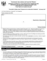 Document preview: Forme A-87 Demande D'audience Et Avis D'intention De Presenter Une Defense Ou De Participer (Renvoi D'un Grief Dans L'industrie De La Construction) - Ontario, Canada (French)