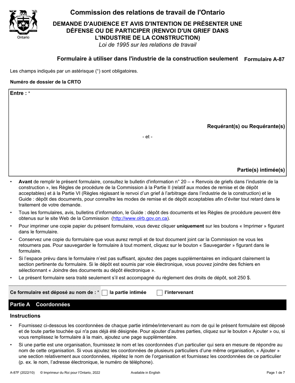 Forme A-87 Demande Daudience Et Avis Dintention De Presenter Une Defense Ou De Participer (Renvoi Dun Grief Dans Lindustrie De La Construction) - Ontario, Canada (French), Page 1