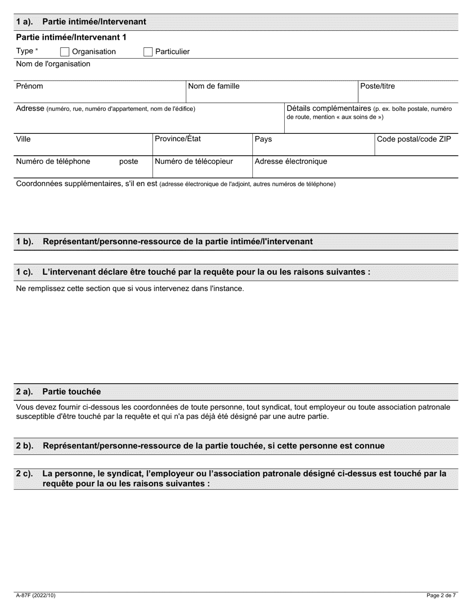 Forme A-87 Demande Daudience Et Avis Dintention De Presenter Une Defense Ou De Participer (Renvoi Dun Grief Dans Lindustrie De La Construction) - Ontario, Canada (French), Page 2