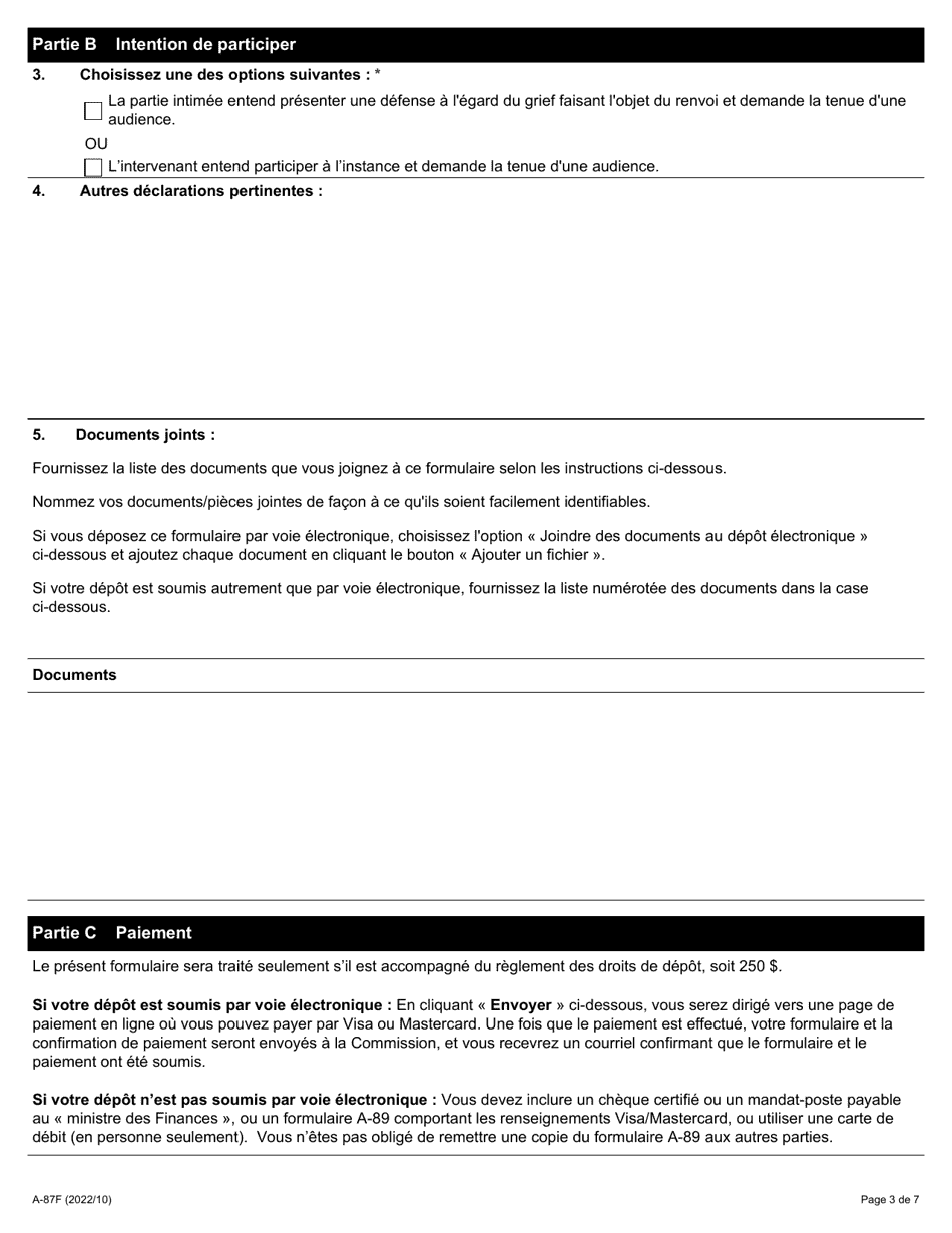Forme A-87 Demande Daudience Et Avis Dintention De Presenter Une Defense Ou De Participer (Renvoi Dun Grief Dans Lindustrie De La Construction) - Ontario, Canada (French), Page 3