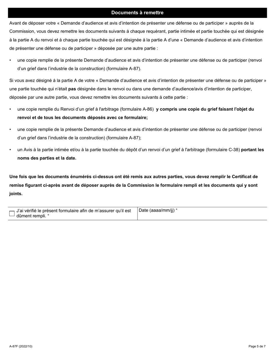 Forme A-87 Demande Daudience Et Avis Dintention De Presenter Une Defense Ou De Participer (Renvoi Dun Grief Dans Lindustrie De La Construction) - Ontario, Canada (French), Page 5
