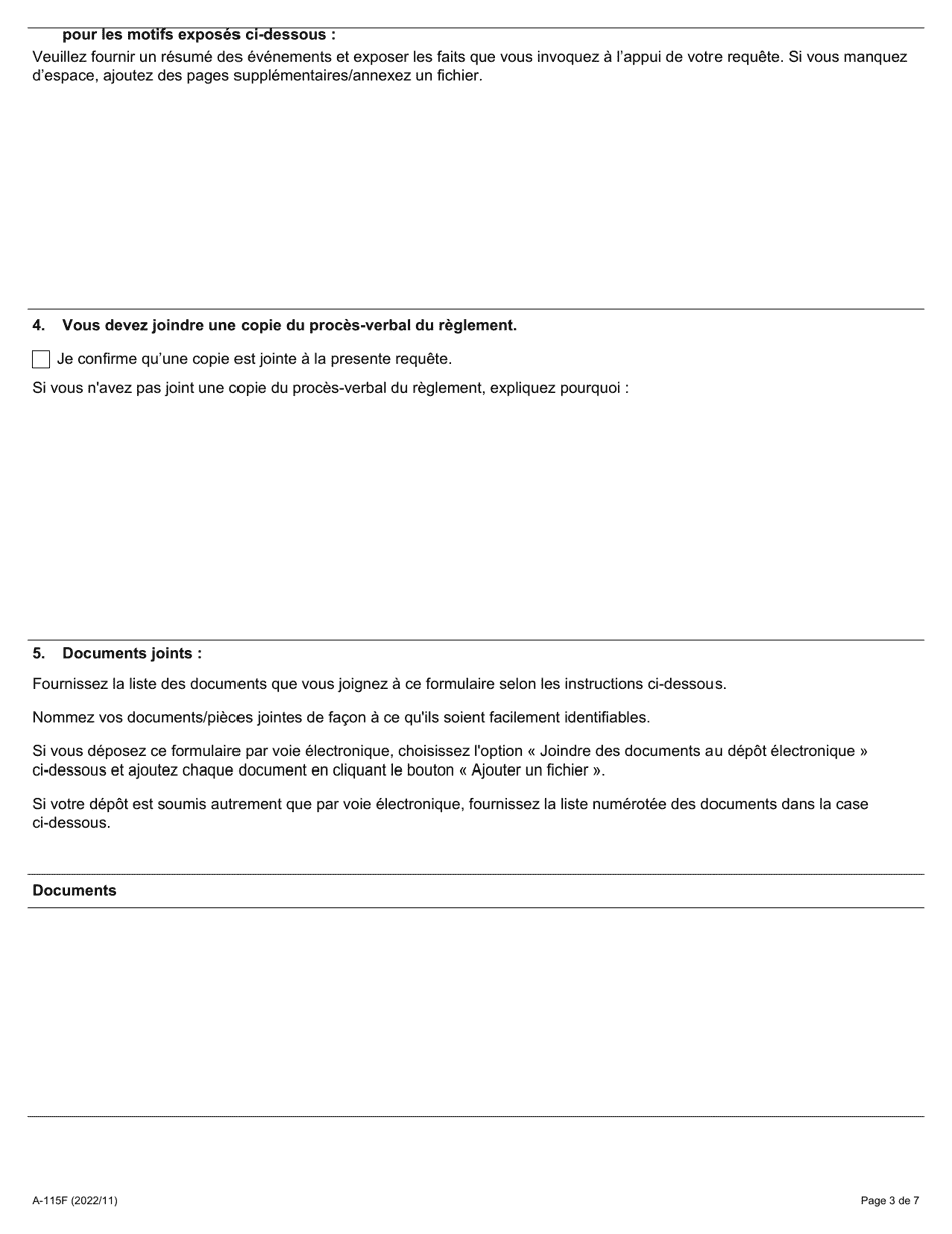 Forme A-115 Requete En Annulation Dune Transaction Par Suite De Fraude Ou De Coercition En Vertu Du Paragraphe 101.1 (4) De La Loi De 2000 Sur Les Normes Demploi - Ontario, Canada (French), Page 3