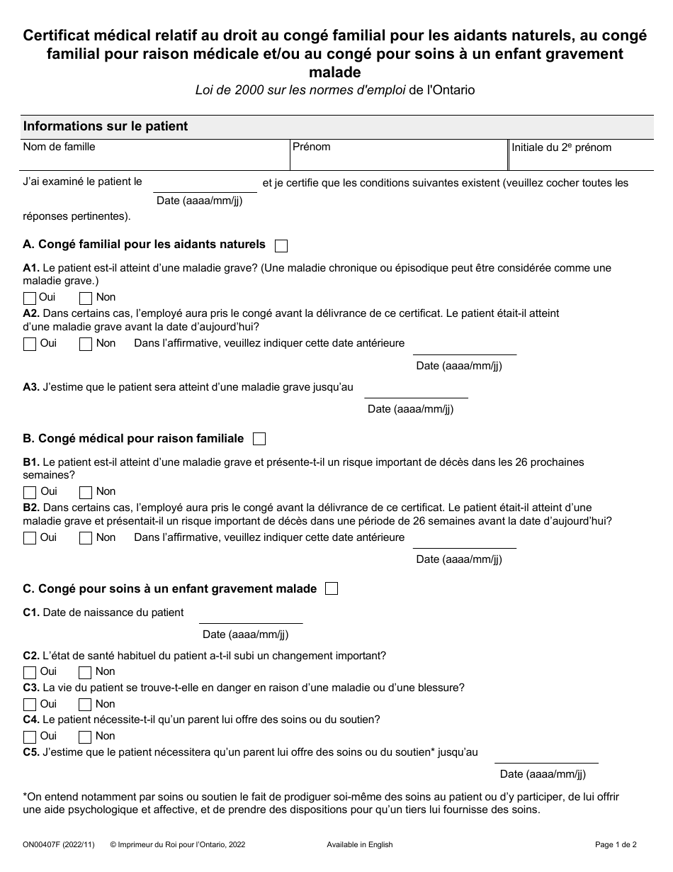 Forme ON00407E Certificat Medical Relatif Au Droit Au Conge Familial Pour Les Aidants Naturels, Au Conge Familial Pour Raison Medicale Et / Ou Au Conge Pour Soins a Un Enfant Gravement Malade - Ontario, Canada (French), Page 2