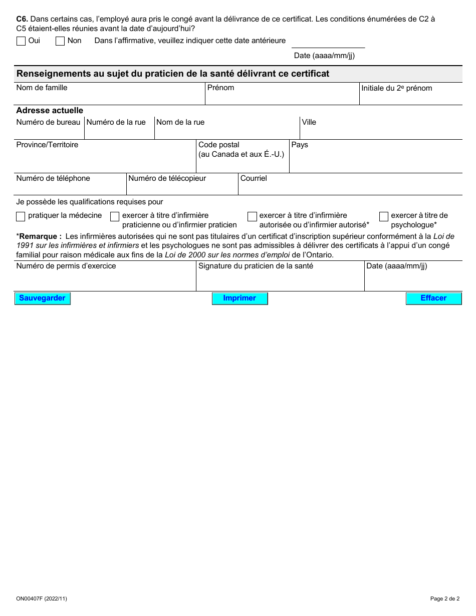 Forme ON00407E Certificat Medical Relatif Au Droit Au Conge Familial Pour Les Aidants Naturels, Au Conge Familial Pour Raison Medicale Et / Ou Au Conge Pour Soins a Un Enfant Gravement Malade - Ontario, Canada (French), Page 3