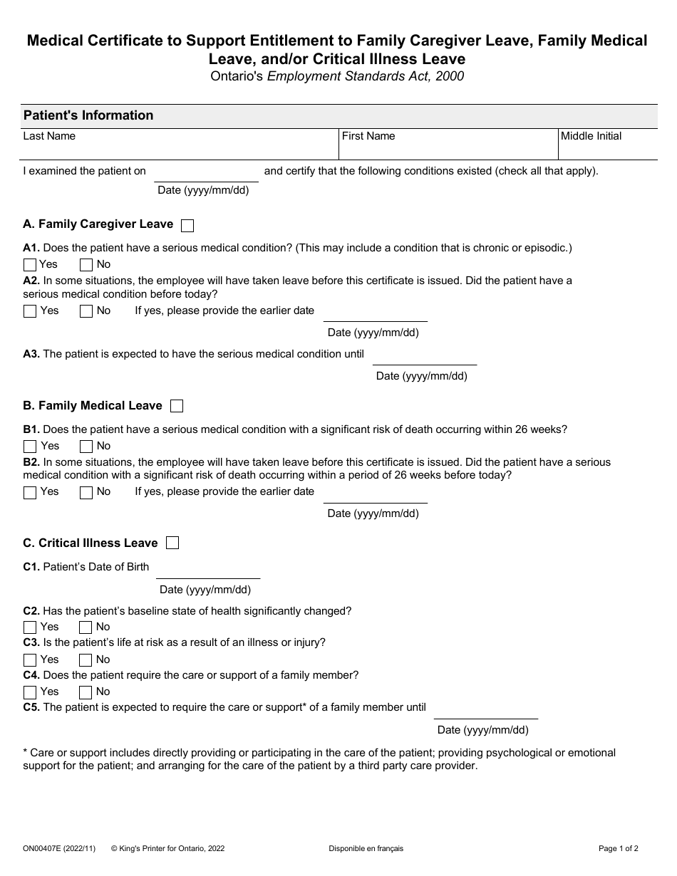 Form ON00407E Fill Out, Sign Online and Download Fillable PDF