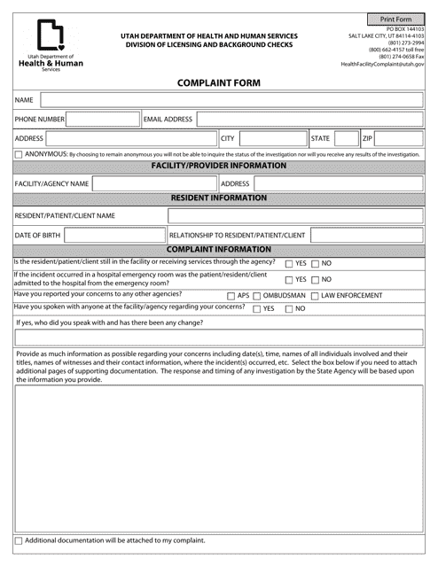 Complaint Form - Utah Download Pdf