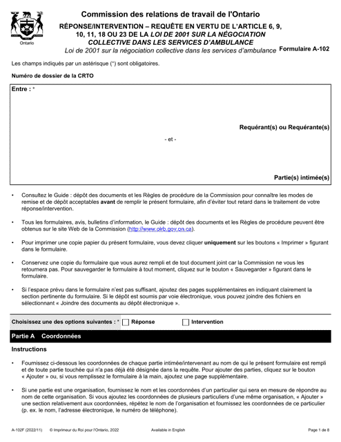 Forme A-102 Ponse/Intervention - Requete En Vertu De L'article 6, 9, 10, 11, 18 Ou 23 De La Loi De 2001 Sur La Negociation Collective Dans Les Services D'ambulance - Ontario, Canada (French)