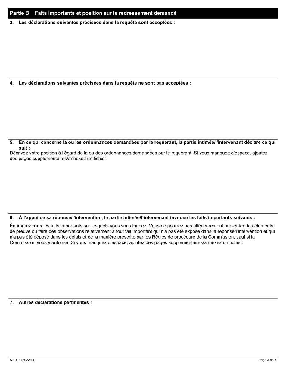 Forme A-102 Ponse / Intervention - Requete En Vertu De Larticle 6, 9, 10, 11, 18 Ou 23 De La Loi De 2001 Sur La Negociation Collective Dans Les Services Dambulance - Ontario, Canada (French), Page 3