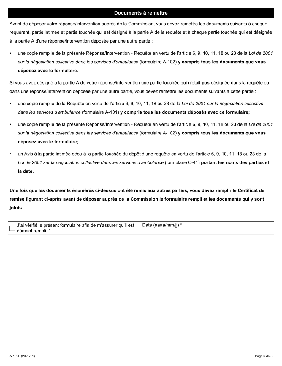 Forme A-102 Ponse / Intervention - Requete En Vertu De Larticle 6, 9, 10, 11, 18 Ou 23 De La Loi De 2001 Sur La Negociation Collective Dans Les Services Dambulance - Ontario, Canada (French), Page 6