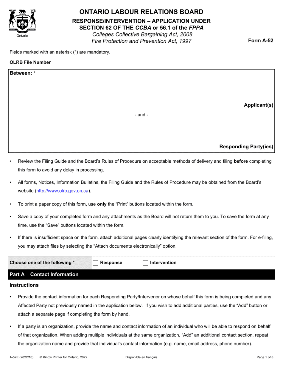 Form A-52 - Fill Out, Sign Online and Download Fillable PDF, Ontario ...