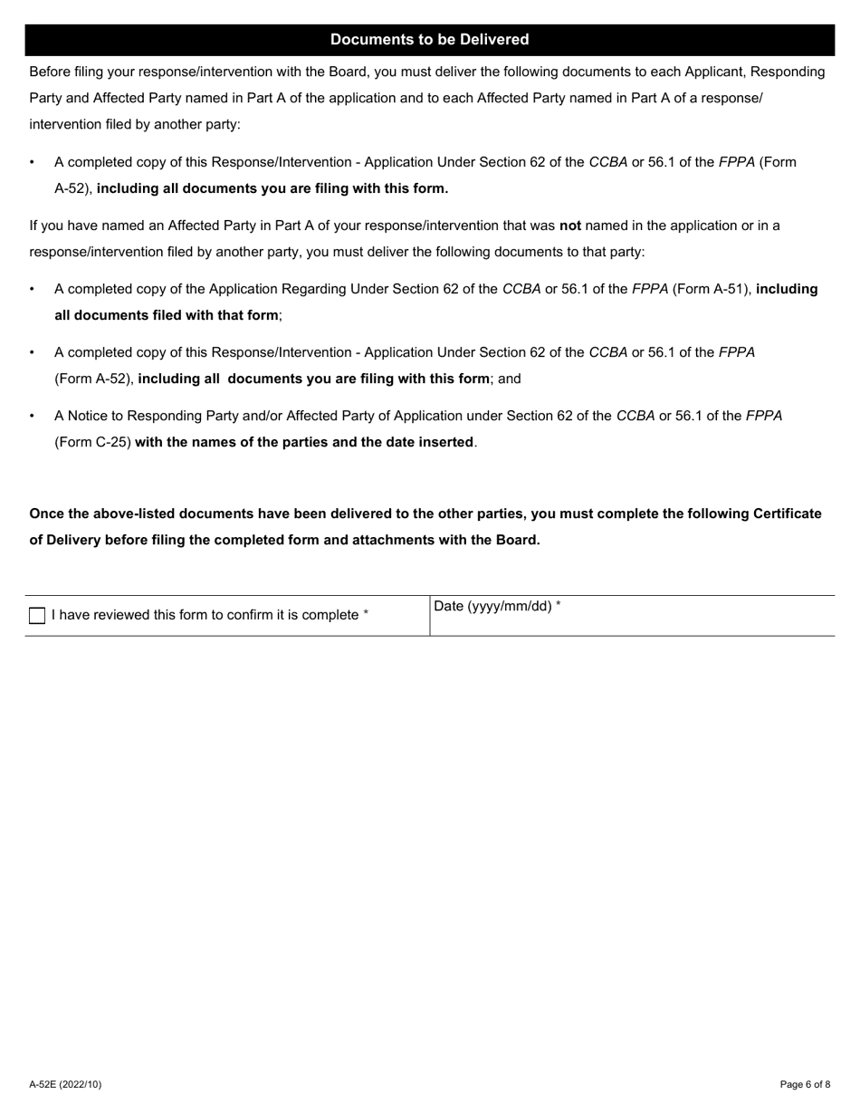 Form A-52 Response / Intervention - Application Under Section 62 of the Ccba or 56.1 of the Fppa - Ontario, Canada, Page 6