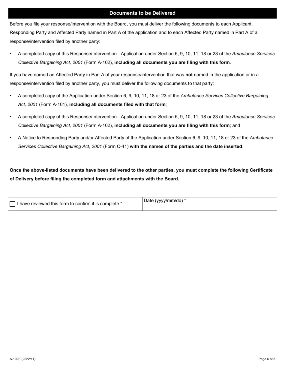 Form A-102 Response / Intervention - Application Under Section 6, 9, 10, 11, 18 or 23 of the Ambulance Services Collective Bargaining Act, 2001 - Ontario, Canada, Page 6
