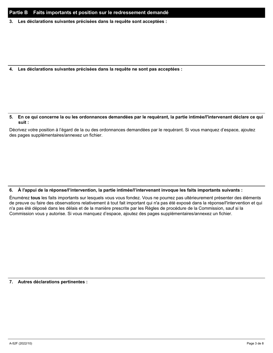 Forme A-52 Reponse / Intervention - Requete En Vertu De Larticle 62 De La Loi De 2008 Sur La Negociation Collective Dans Les Colleges Ou De Larticle 56.1 De La Loi De 1997 Sur La Prevention Et La Protection Contre Lincendie - Ontario, Canada (French), Page 3