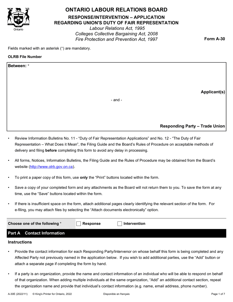 Form A-30 Response / Intervention - Application Regarding Unions Duty of Fair Representation - Ontario, Canada, Page 1