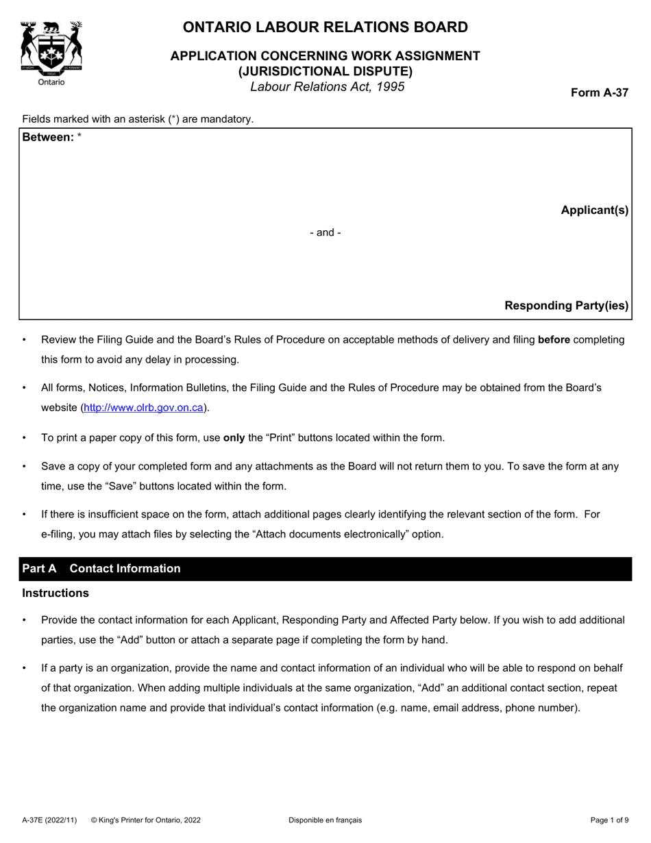 Form A-37 Application Concerning Work Assignment (Jurisdictional Dispute) - Ontario, Canada, Page 1