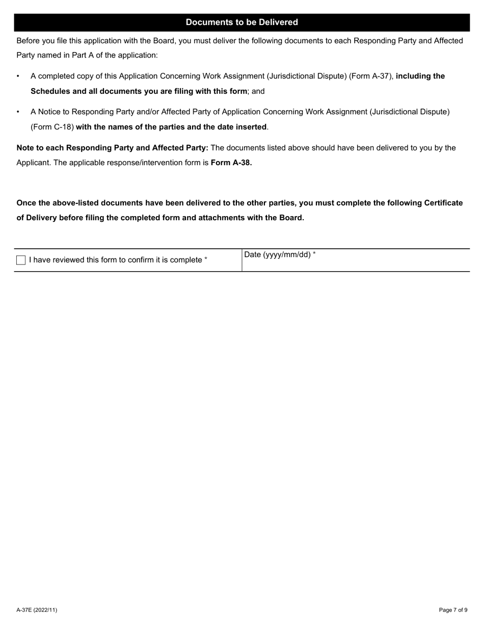 Form A-37 Application Concerning Work Assignment (Jurisdictional Dispute) - Ontario, Canada, Page 7
