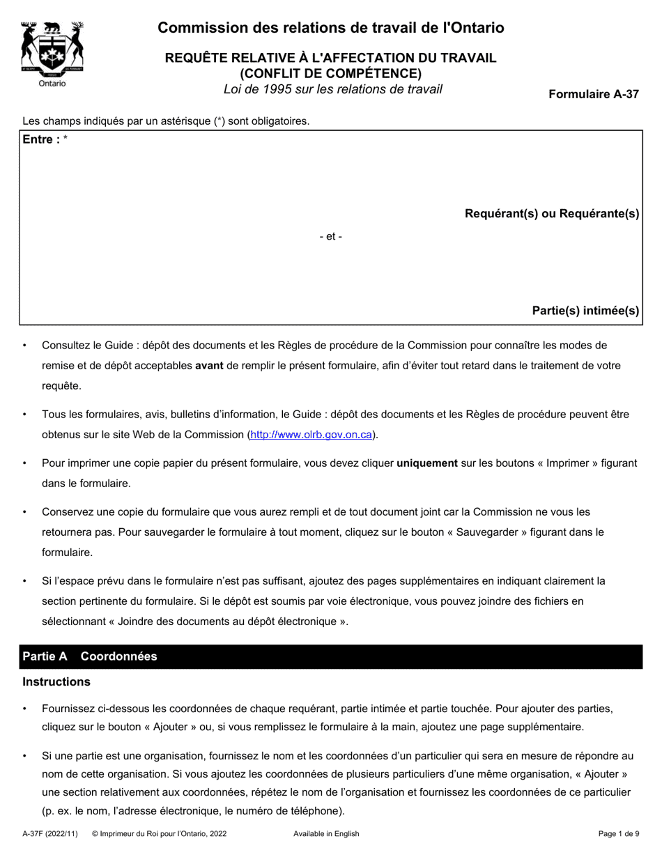 Forme A-37 Requete Relative a Laffectation Du Travail (Conflit De Competence) - Ontario, Canada (French), Page 1