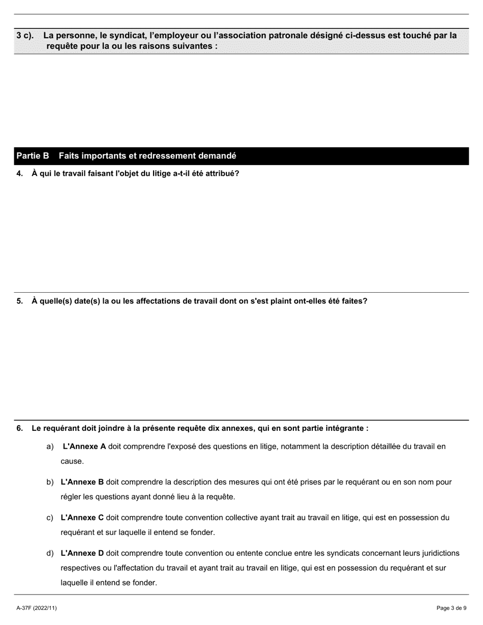 Forme A-37 Requete Relative a Laffectation Du Travail (Conflit De Competence) - Ontario, Canada (French), Page 3