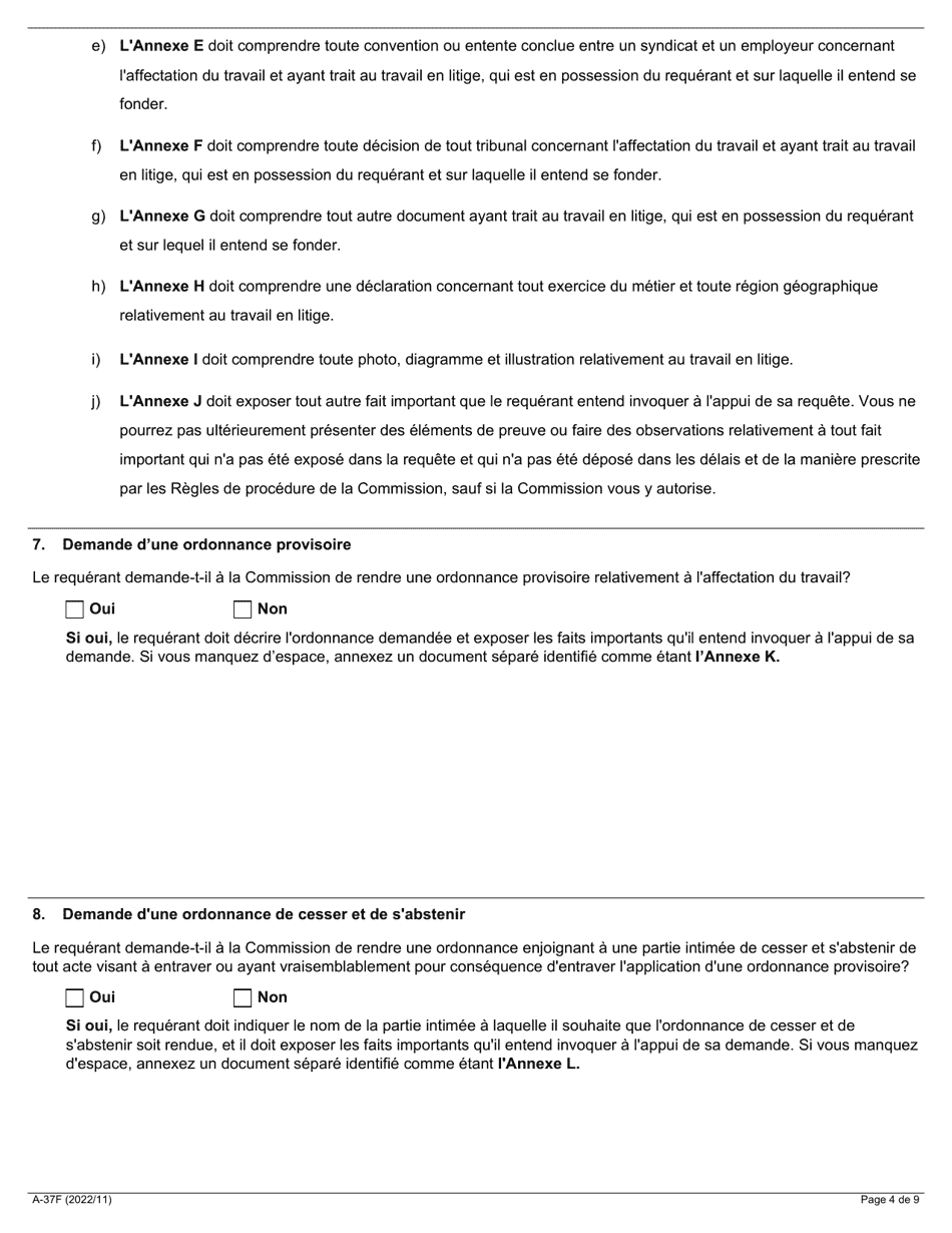 Forme A-37 Requete Relative a Laffectation Du Travail (Conflit De Competence) - Ontario, Canada (French), Page 4