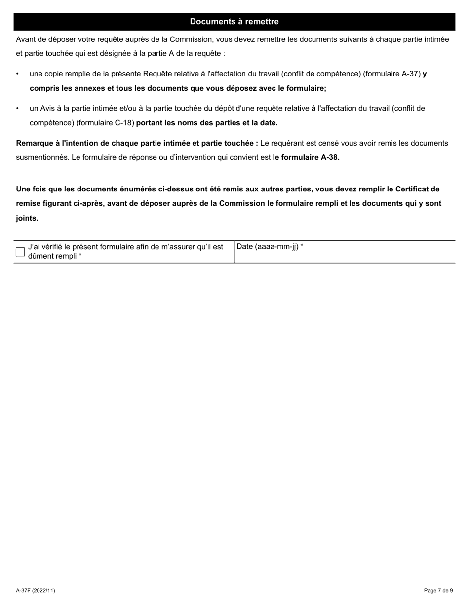 Forme A-37 Requete Relative a Laffectation Du Travail (Conflit De Competence) - Ontario, Canada (French), Page 7