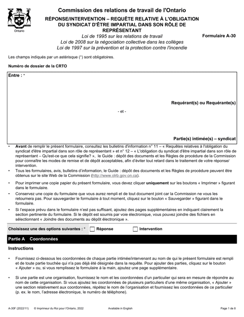 Forme A-30 Reponse/Intervention - Requete Relative a L'obligation Du Syndicat D'etre Impartial Dans Son Role De Representant - Ontario, Canada (French)