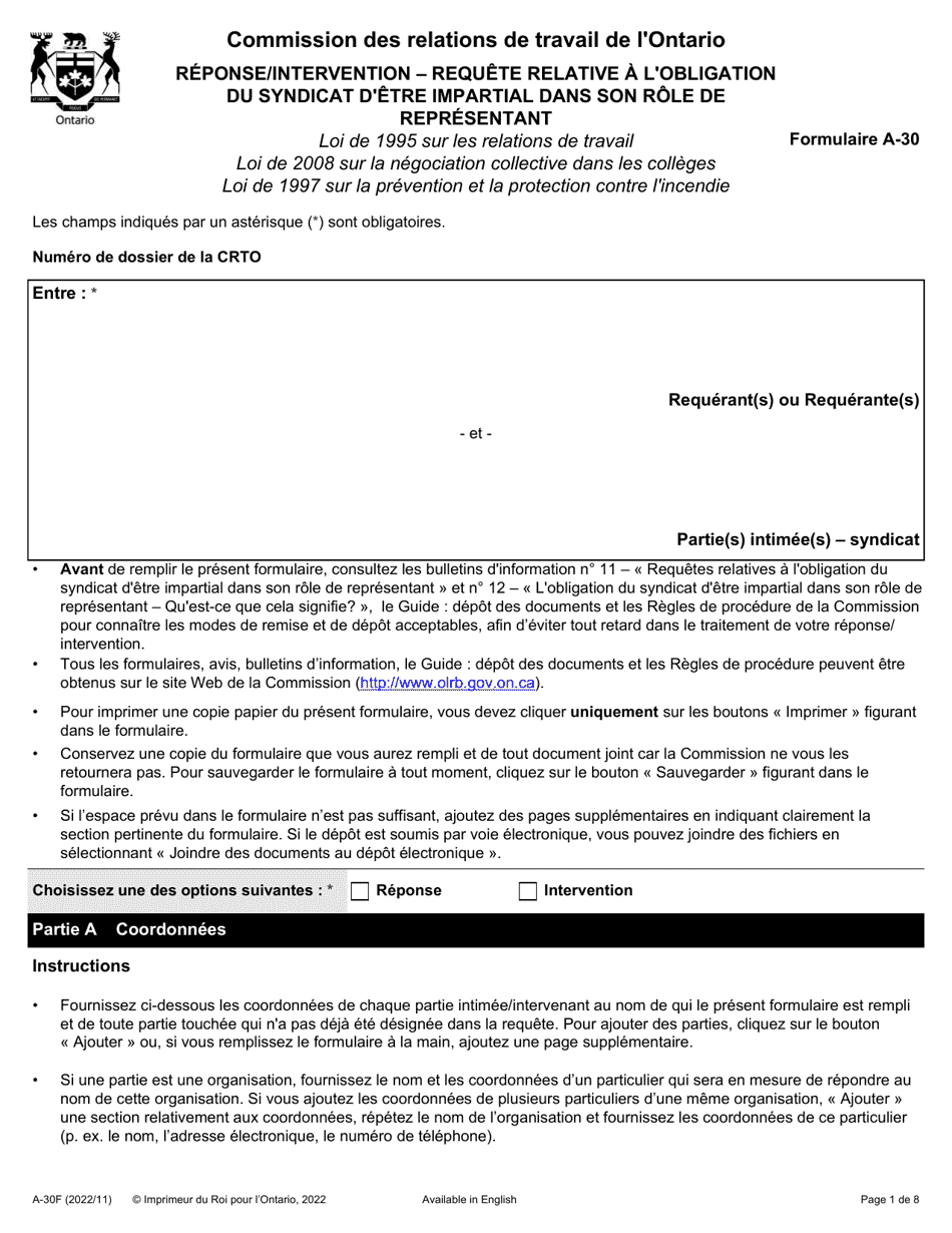 Forme A-30 Reponse / Intervention - Requete Relative a Lobligation Du Syndicat Detre Impartial Dans Son Role De Representant - Ontario, Canada (French), Page 1