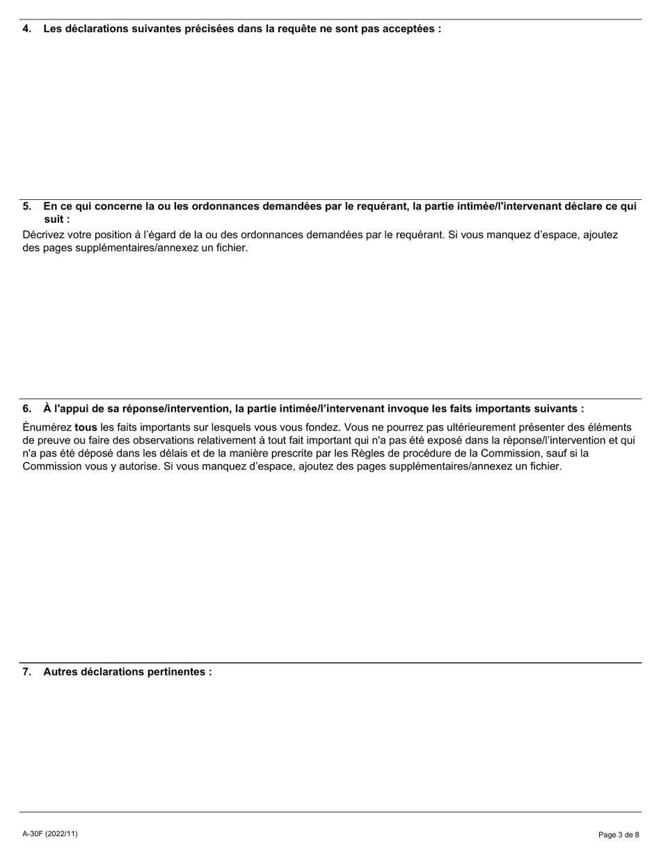 Forme A-30 Reponse / Intervention - Requete Relative a Lobligation Du Syndicat Detre Impartial Dans Son Role De Representant - Ontario, Canada (French), Page 3