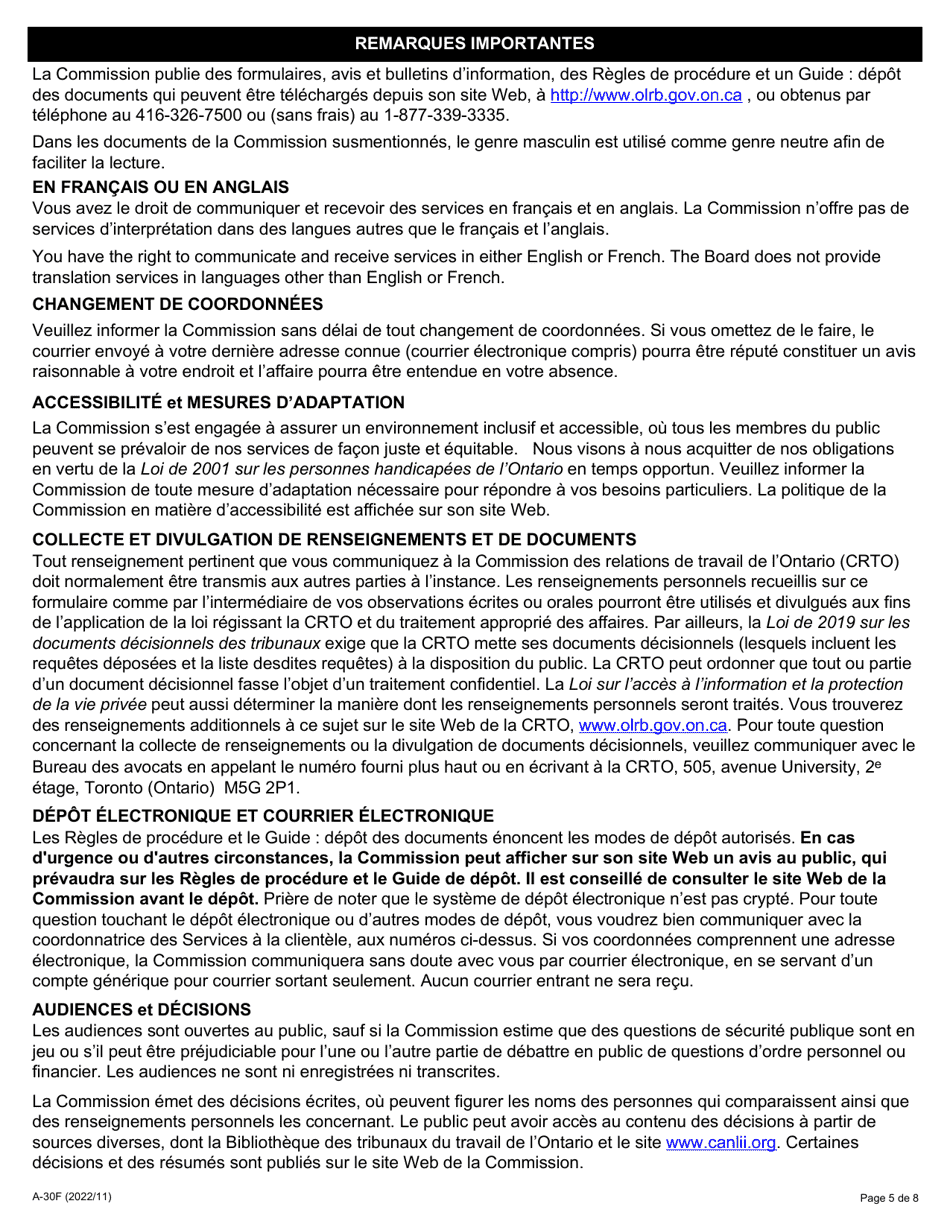 Forme A-30 Reponse / Intervention - Requete Relative a Lobligation Du Syndicat Detre Impartial Dans Son Role De Representant - Ontario, Canada (French), Page 5