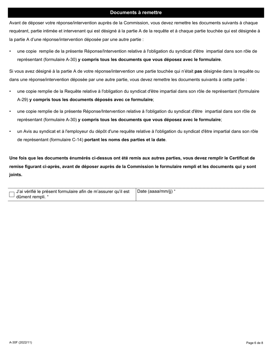 Forme A-30 Reponse / Intervention - Requete Relative a Lobligation Du Syndicat Detre Impartial Dans Son Role De Representant - Ontario, Canada (French), Page 6