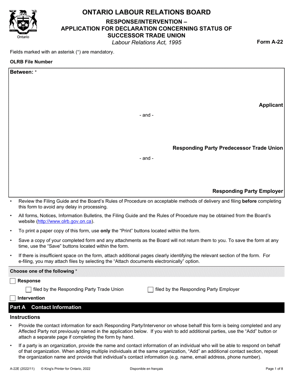 Form A-22 Response / Intervention - Application for Declaration Concerning Status of Successor Trade Union - Ontario, Canada, Page 1