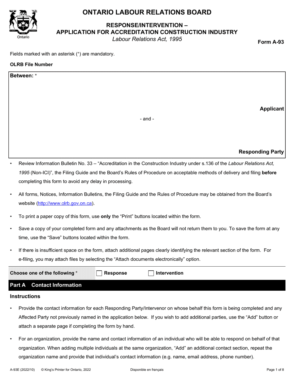 Form A-93 Response / Intervention - Application for Accreditation Construction Industry - Ontario, Canada, Page 1