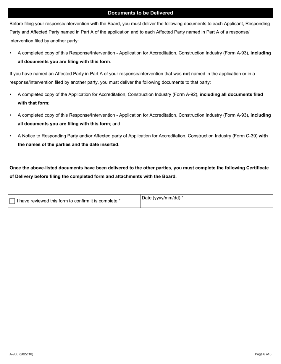 Form A-93 Response / Intervention - Application for Accreditation Construction Industry - Ontario, Canada, Page 6