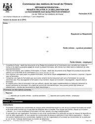 Document preview: Forme A-22 Reponse/Intervention - Requete Relative a La Declaration Sur La Succession Aux Qualites D'un Syndicat - Ontario, Canada (French)