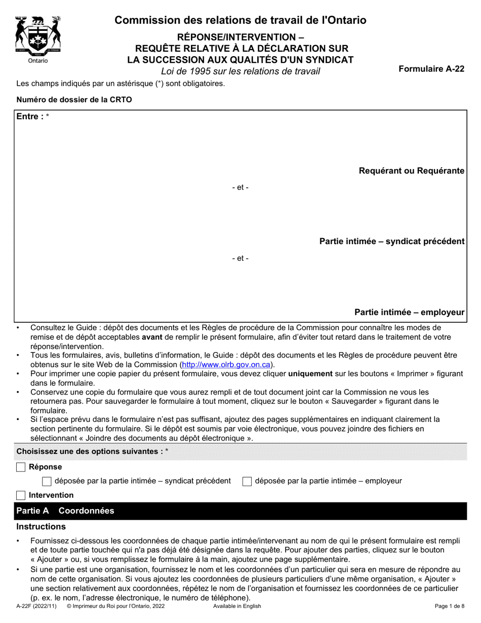 Forme A-22 Reponse / Intervention - Requete Relative a La Declaration Sur La Succession Aux Qualites Dun Syndicat - Ontario, Canada (French), Page 1