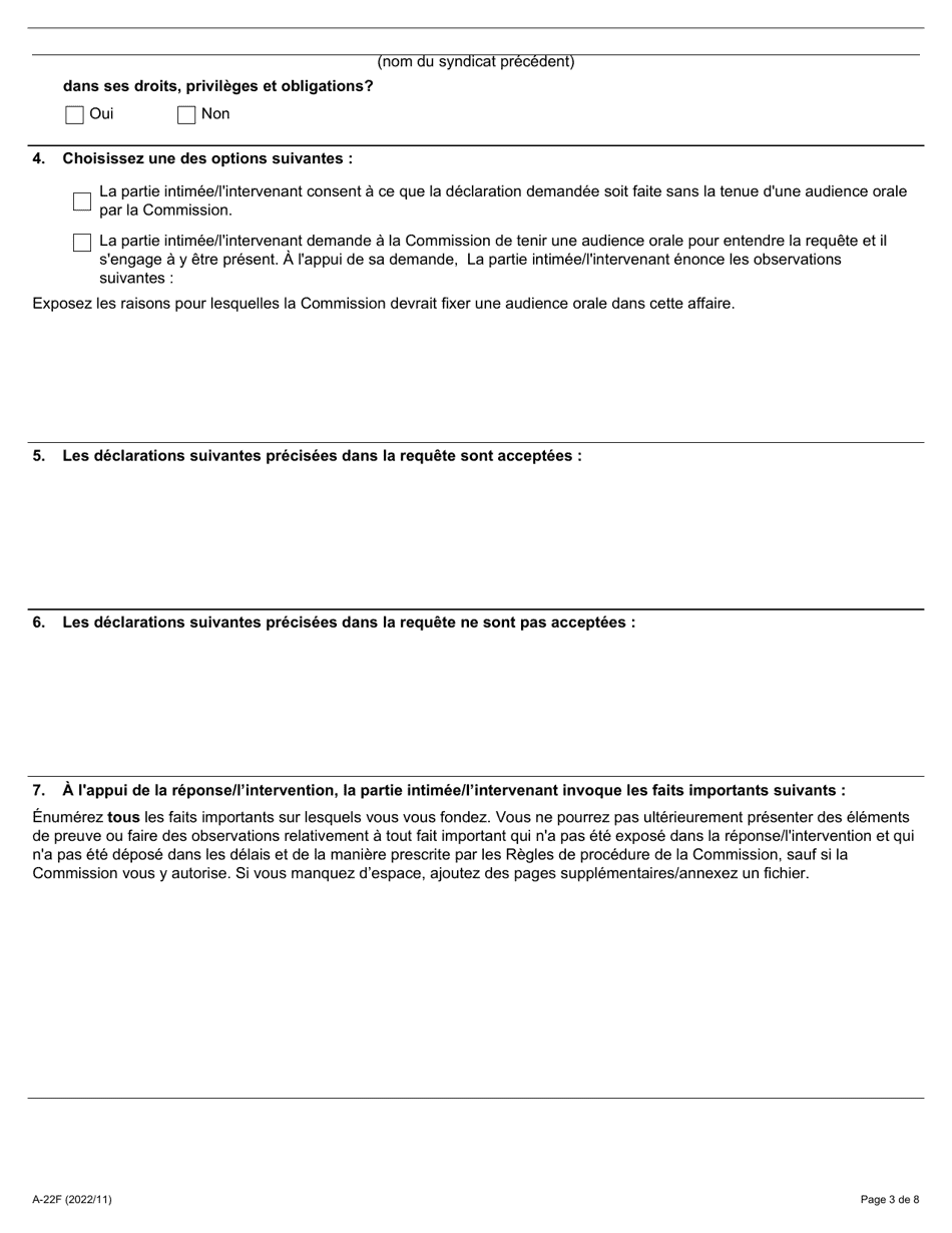 Forme A-22 Reponse / Intervention - Requete Relative a La Declaration Sur La Succession Aux Qualites Dun Syndicat - Ontario, Canada (French), Page 3
