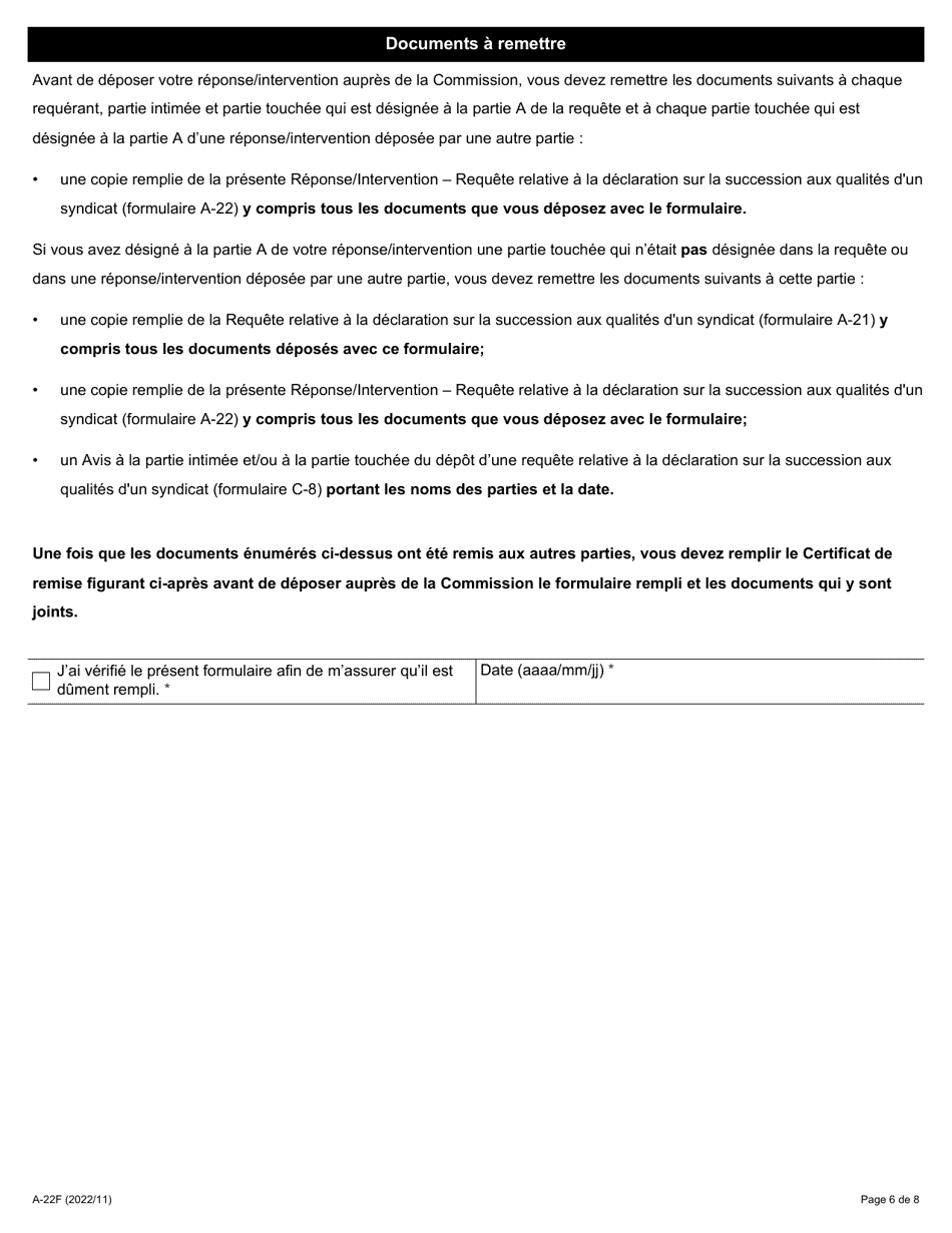 Forme A-22 Reponse / Intervention - Requete Relative a La Declaration Sur La Succession Aux Qualites Dun Syndicat - Ontario, Canada (French), Page 6
