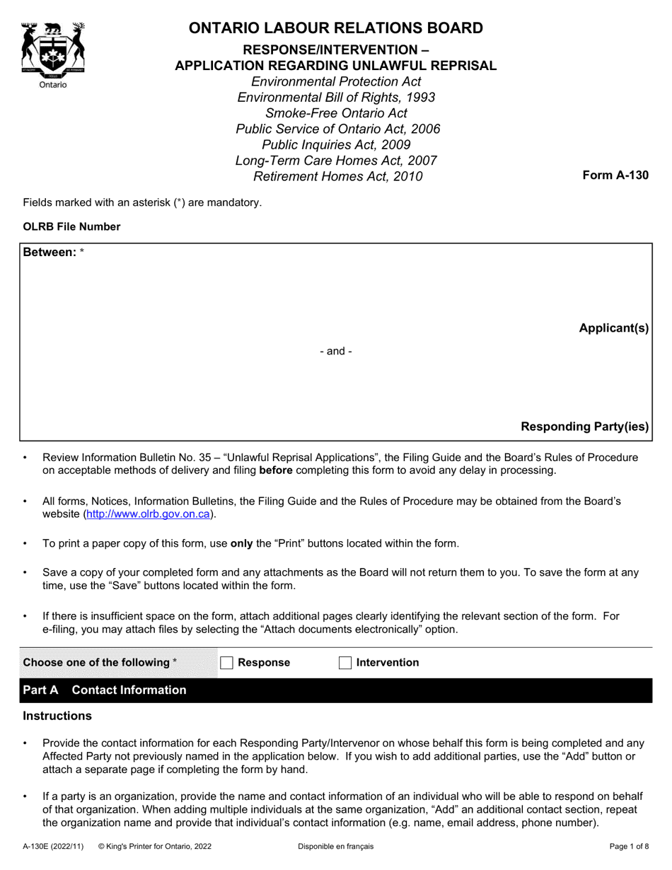Form A-130 Response / Intervention - Application Regarding Unlawful Reprisal - Ontario, Canada, Page 1