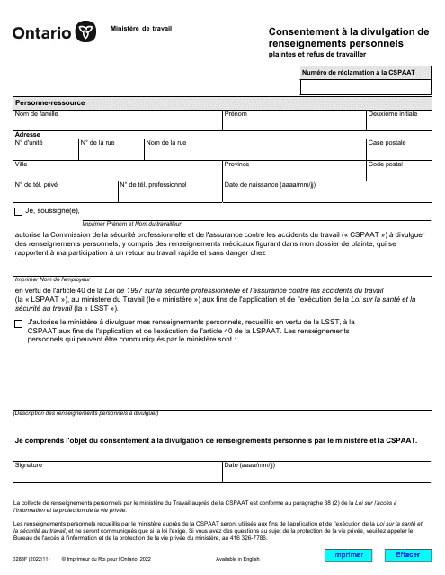 Forme 0283F Consentement a La Divulgation De Renseignements Personnels Plaintes Et Refus De Travailler - Ontario, Canada (French)
