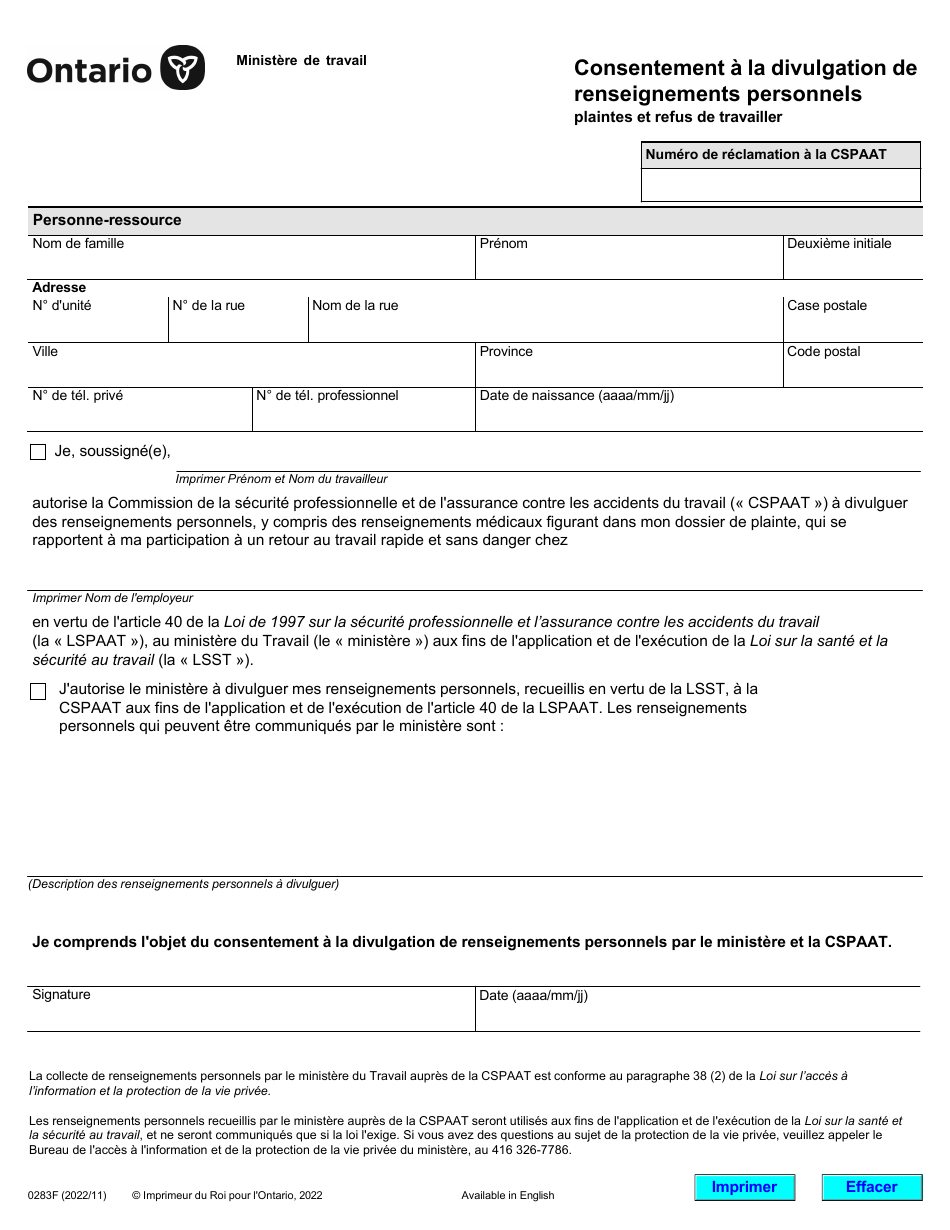Forme 0283F Consentement a La Divulgation De Renseignements Personnels Plaintes Et Refus De Travailler - Ontario, Canada (French), Page 1