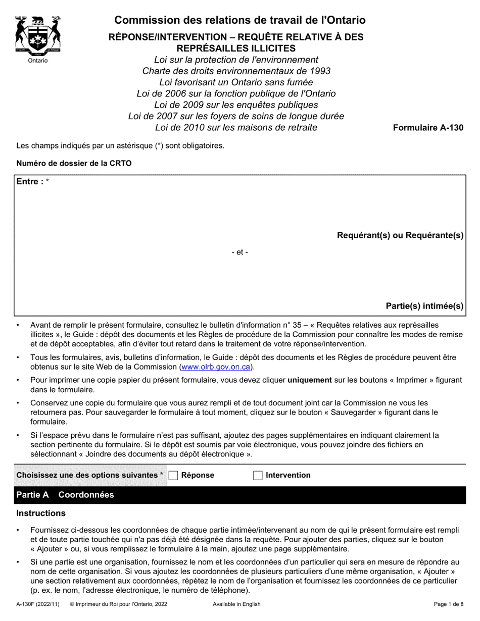 Forme A-130 Reponse / Intervention - Requete Relative a DES Represailles Illicites - Ontario, Canada (French), Page 1
