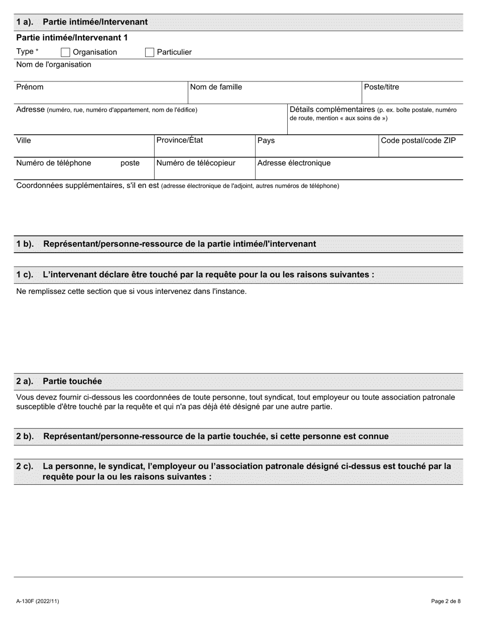 Forme A-130 Reponse / Intervention - Requete Relative a DES Represailles Illicites - Ontario, Canada (French), Page 2